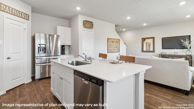 5026 Wichita Pike, San Antonio, TX 78253 - kitchen featuring stainless steel appliances, a sink, white cabinetry, dark wood finished floors, and recessed lighting