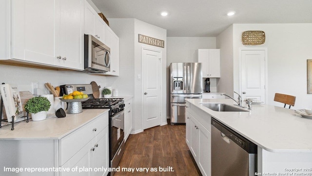 5026 Wichita Pike, San Antonio, TX 78253 - kitchen with stainless steel appliances, a sink, white cabinets, dark wood-type flooring, and recessed lighting