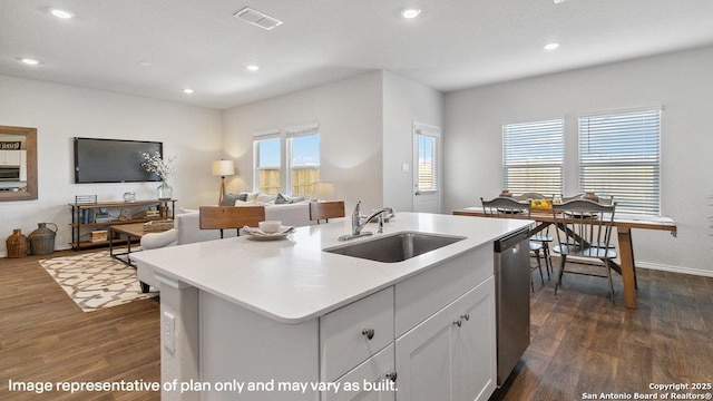 5026 Wichita Pike, San Antonio, TX 78253 - kitchen with a sink, dishwasher, dark wood-style flooring, recessed lighting, and an island with sink