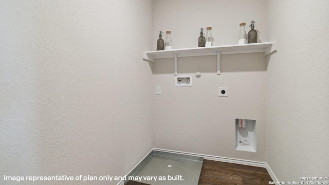 5026 Wichita Pike, San Antonio, TX 78253 - clothes washing area with hookup for a washing machine, electric dryer hookup, hookup for a gas dryer, baseboards, and wood finished floors