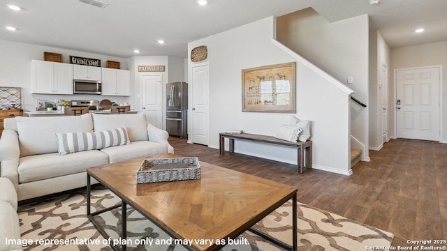 5026 Wichita Pike, San Antonio, TX 78253 - living area with stairway, dark wood-type flooring, recessed lighting, and baseboards