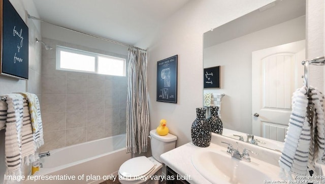 7314 Perseus Brk, San Antonio, TX 78252 - full bathroom with shower / bathtub combination with curtain, toilet, and vanity