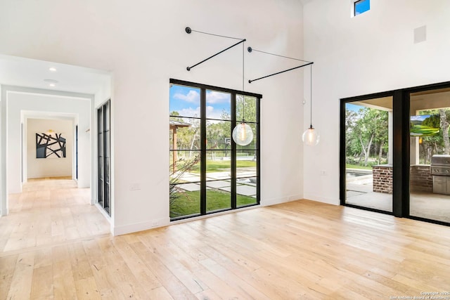 185 Southfield, Boerne, TX 78006 - doorway to outside with wood-type flooring, a towering ceiling, and baseboards