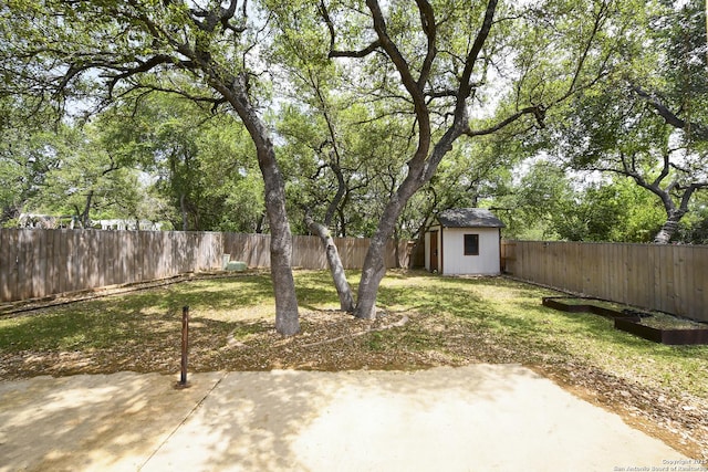 fenced backyard with a patio, a shed, and an outdoor structure
