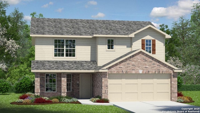 12123 Jasper Strm, San Antonio, TX 78245 - traditional-style home with brick siding, driveway, an attached garage, a shingled roof, and a front yard