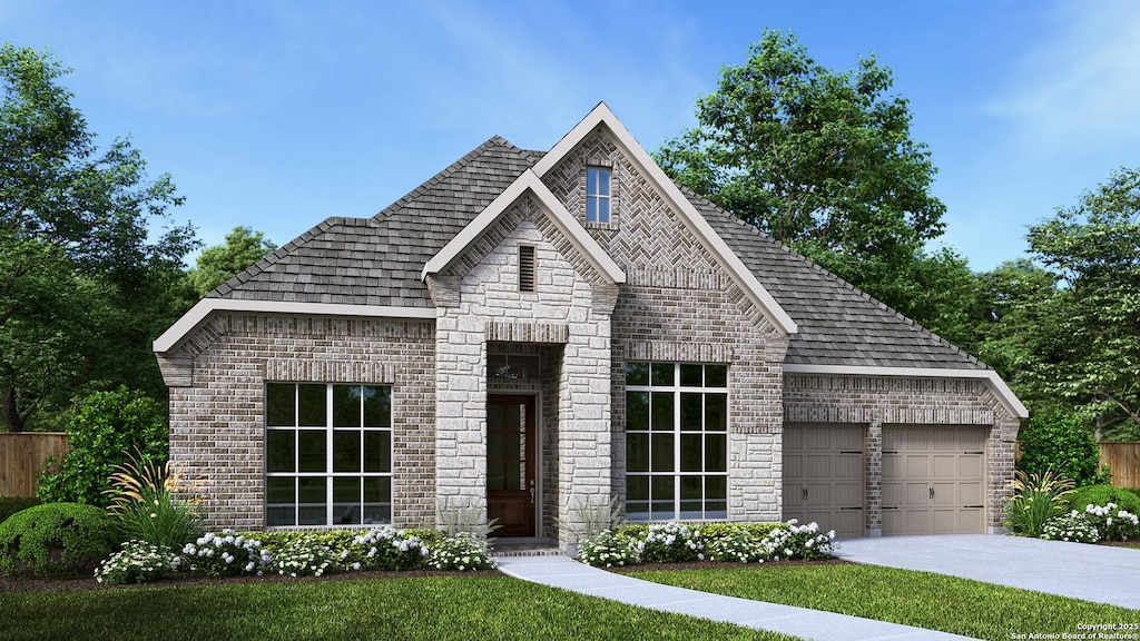 2957 Harvest Moon, Seguin, TX 78155 - french provincial home featuring brick siding, driveway, a garage, and stone siding