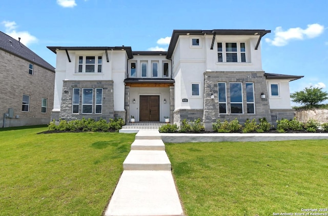 4003 Wood Crk, San Antonio, TX 78257 - contemporary home with stucco siding, stone siding, and a front yard