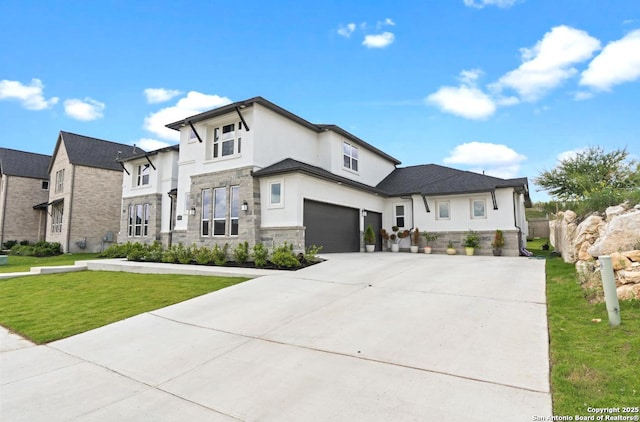 4003 Wood Crk, San Antonio, TX 78257 - contemporary home featuring stone siding, stucco siding, an attached garage, a front lawn, and concrete driveway