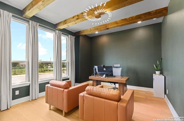 4003 Wood Crk, San Antonio, TX 78257 - office area featuring light wood-style flooring, beamed ceiling, and baseboards