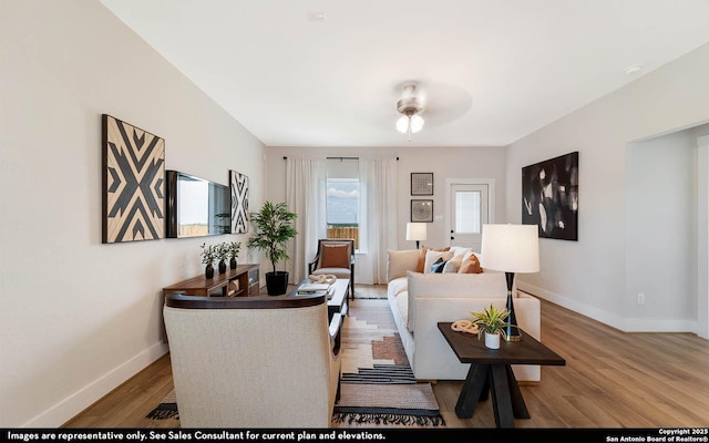 189 Kayla Ave, San Antonio, TX 78253 - living room with baseboards, wood finished floors, and a ceiling fan
