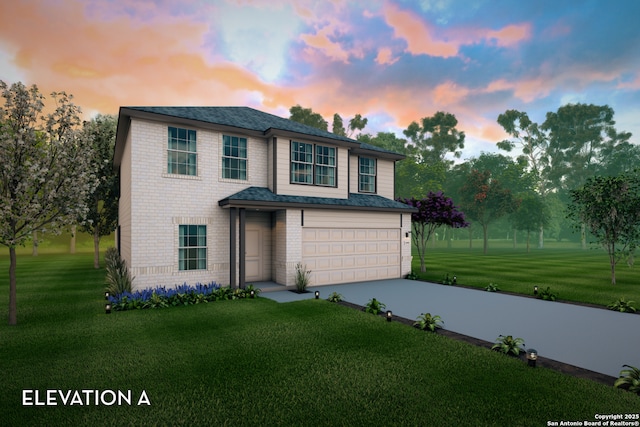 128 Buttercup Aly, San Antonio, TX 78253 - view of front facade featuring brick siding, concrete driveway, a garage, a yard, and roof with shingles