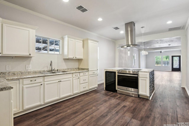 140 E Dullnig, San Antonio, TX 78223 - kitchen with a sink, island exhaust hood, stainless steel range with electric cooktop, dark wood-style floors, and ornamental molding
