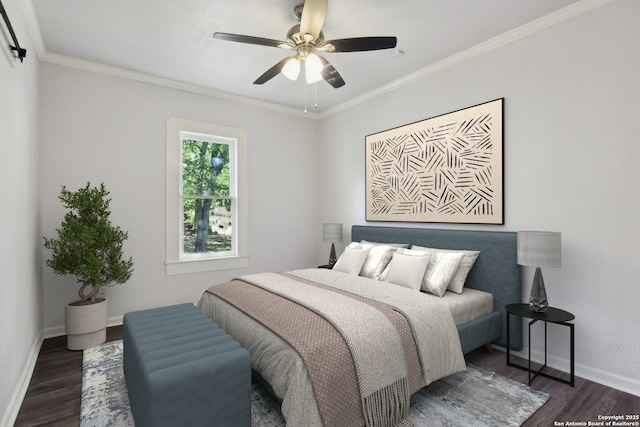 140 E Dullnig, San Antonio, TX 78223 - bedroom featuring wood finished floors, baseboards, crown molding, and a ceiling fan