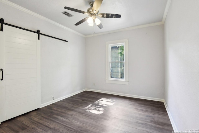 140 E Dullnig, San Antonio, TX 78223 - empty room with a barn door, ornamental molding, a ceiling fan, dark wood-style floors, and baseboards