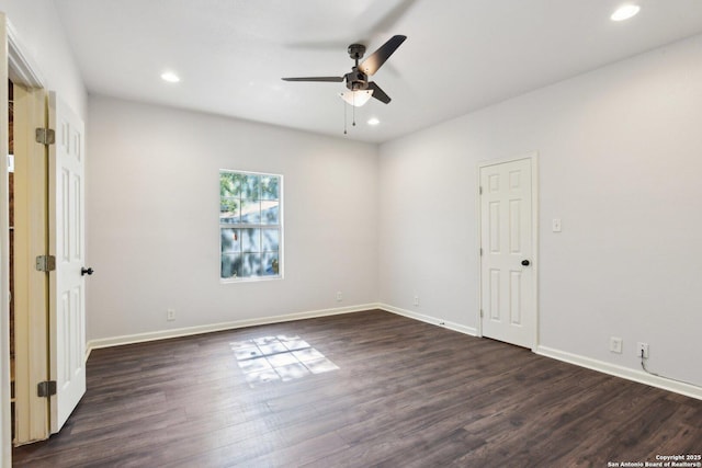 140 E Dullnig, San Antonio, TX 78223 - unfurnished room with a ceiling fan, dark wood-style flooring, recessed lighting, and baseboards
