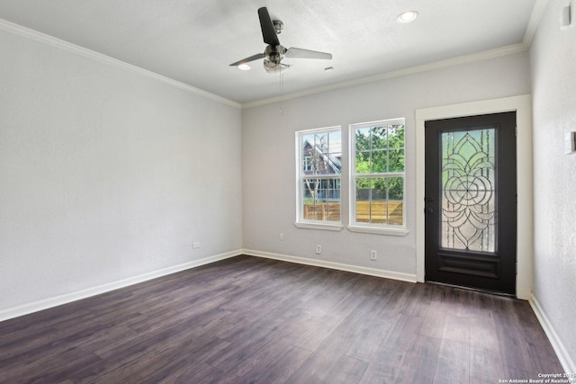 140 E Dullnig, San Antonio, TX 78223 - foyer entrance with dark wood-style flooring, a ceiling fan, baseboards, ornamental molding, and recessed lighting