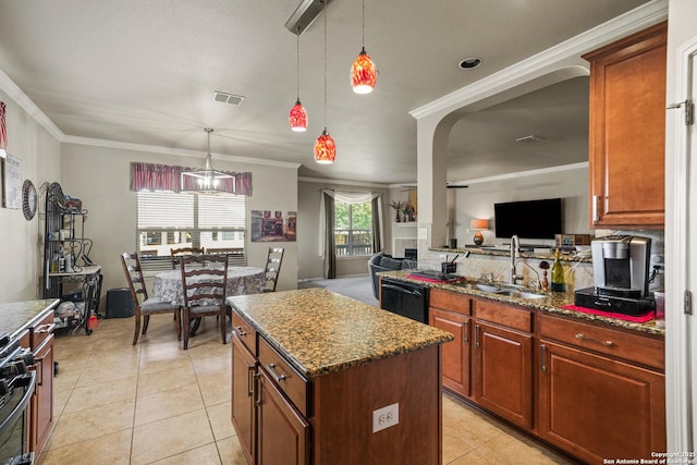 222 Red Quill Nest, San Antonio, TX 78253 - kitchen with dishwasher, a sink, ornamental molding, dark stone counters, and a center island