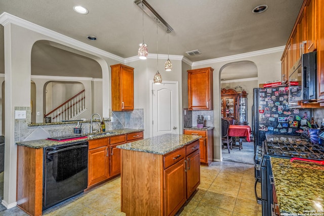 222 Red Quill Nest, San Antonio, TX 78253 - kitchen with black appliances, arched walkways, a kitchen island, decorative backsplash, and dark stone counters