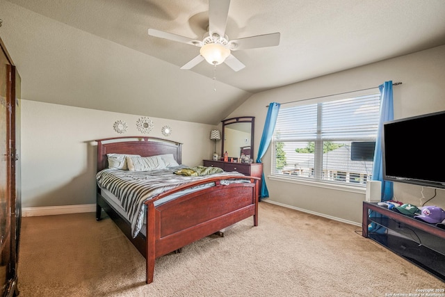 222 Red Quill Nest, San Antonio, TX 78253 - bedroom with baseboards, lofted ceiling, light carpet, and a ceiling fan