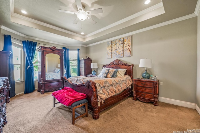 222 Red Quill Nest, San Antonio, TX 78253 - bedroom featuring a tray ceiling, carpet floors, baseboards, ornamental molding, and a ceiling fan