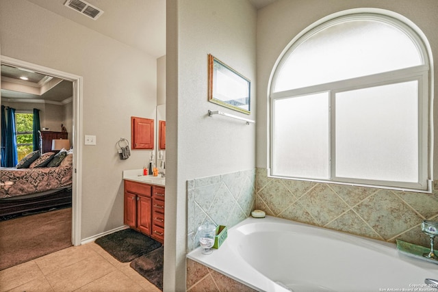 222 Red Quill Nest, San Antonio, TX 78253 - full bathroom with vanity, a bath, ensuite bathroom, ornamental molding, and tile patterned flooring