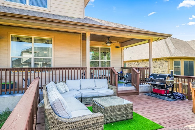 222 Red Quill Nest, San Antonio, TX 78253 - wooden terrace with a ceiling fan, outdoor lounge area, and a grill