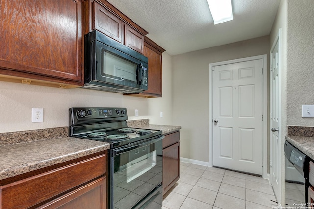 6046 Luckey Run, San Antonio, TX 78252 - kitchen with black appliances, light tile patterned floors, a textured ceiling, and baseboards