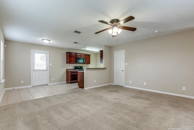 6046 Luckey Run, San Antonio, TX 78252 - unfurnished living room featuring light colored carpet, a ceiling fan, light tile patterned floors, and baseboards