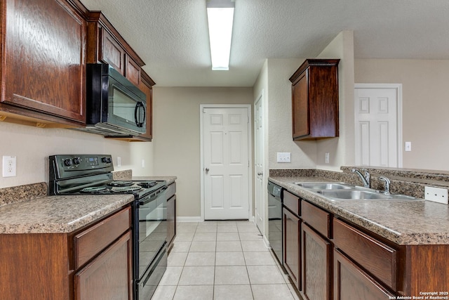 6046 Luckey Run, San Antonio, TX 78252 - kitchen featuring black appliances, a sink, light tile patterned flooring, a textured ceiling, and baseboards