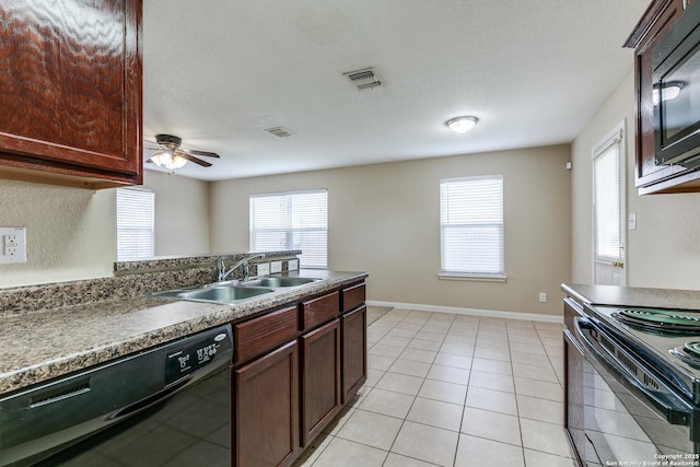 6046 Luckey Run, San Antonio, TX 78252 - kitchen with black appliances, a sink, ceiling fan, dark countertops, and light tile patterned flooring