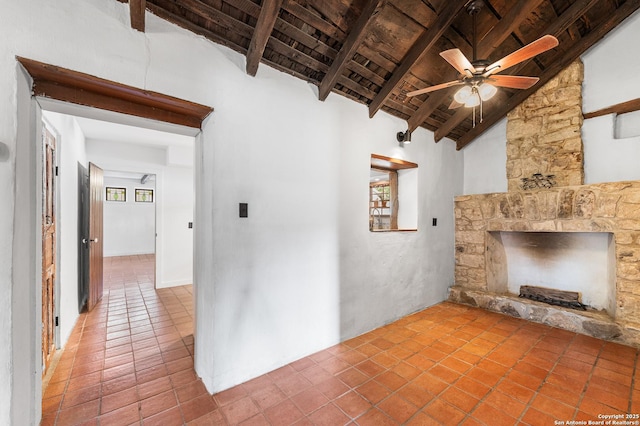 1213 Isabella, Castroville, TX 78009 - unfurnished living room with wooden ceiling, a fireplace, a ceiling fan, and tile patterned flooring