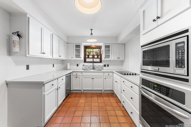 1213 Isabella, Castroville, TX 78009 - kitchen featuring stainless steel appliances, a sink, white cabinetry, and glass insert cabinets