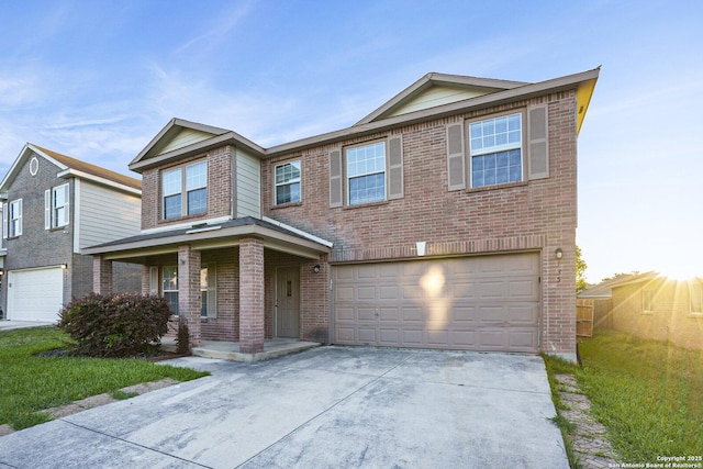 135 Blue Juniper, San Antonio, TX 78253 - view of front of property with brick siding, an attached garage, driveway, and a porch