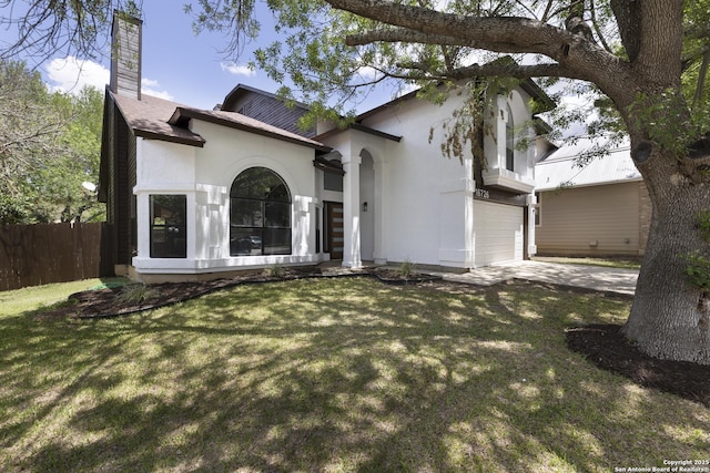16726 Burning Glade, San Antonio, TX 78247 - view of front facade featuring a chimney, a shingled roof, a garage, stucco siding, and concrete driveway