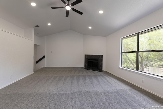 16726 Burning Glade, San Antonio, TX 78247 - unfurnished living room featuring recessed lighting, a ceiling fan, carpet flooring, a fireplace, and lofted ceiling