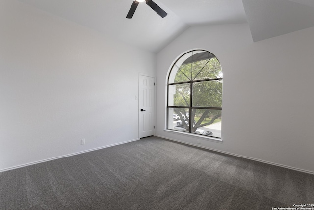 16726 Burning Glade, San Antonio, TX 78247 - empty room with ceiling fan, carpet floors, vaulted ceiling, and baseboards