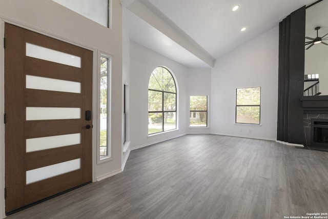 16726 Burning Glade, San Antonio, TX 78247 - entryway featuring wood finished floors, high vaulted ceiling, recessed lighting, baseboards, and ceiling fan