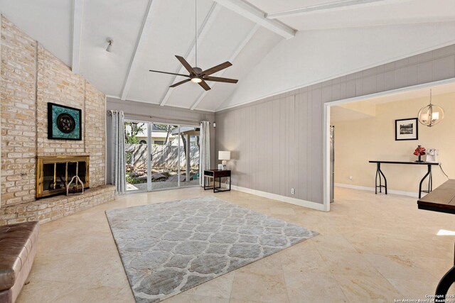 13018 Country Trl, San Antonio, TX 78216 - tiled living area with ceiling fan, high vaulted ceiling, beamed ceiling, a fireplace, and baseboards