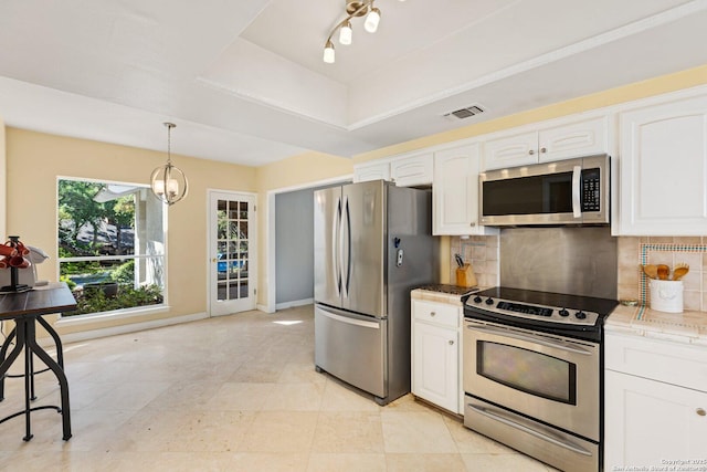 13018 Country Trl, San Antonio, TX 78216 - kitchen with stainless steel appliances, white cabinetry, decorative backsplash, and pendant lighting