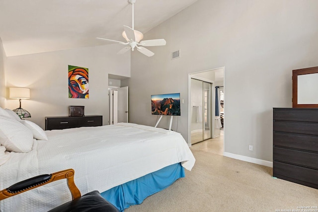 13018 Country Trl, San Antonio, TX 78216 - bedroom with baseboards, carpet floors, high vaulted ceiling, and ceiling fan