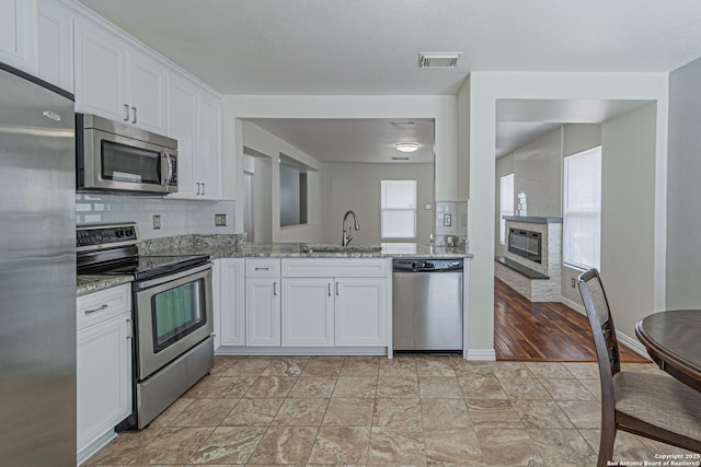 10202 Misty Pln, San Antonio, TX 78245 - kitchen featuring appliances with stainless steel finishes, a sink, plenty of natural light, and light stone counters