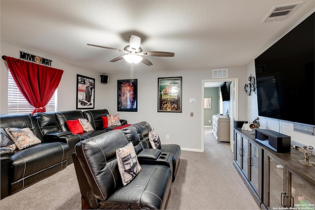 14383 Palm Rdg, San Antonio, TX 78253 - living area featuring ceiling fan, light carpet, and baseboards