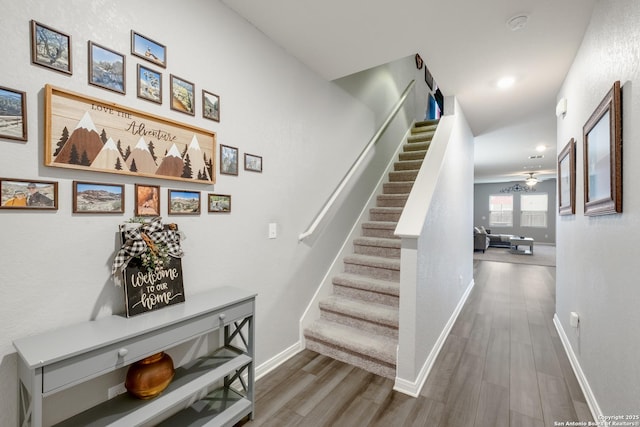 14383 Palm Rdg, San Antonio, TX 78253 - staircase featuring wood finished floors, ceiling fan, baseboards, and recessed lighting