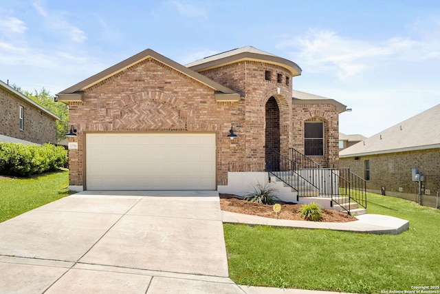 13706 Trailside, Live Oak, TX 78233 - view of front facade featuring brick siding, a front lawn, concrete driveway, and a garage
