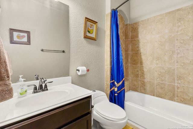 13706 Trailside, Live Oak, TX 78233 - full bath featuring a textured wall, toilet, vanity, and shower / bath combination with curtain