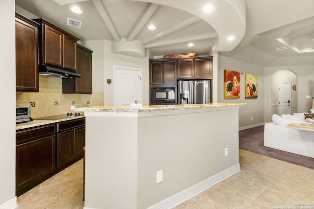 13706 Trailside, Live Oak, TX 78233 - kitchen featuring black appliances, under cabinet range hood, arched walkways, dark brown cabinets, and recessed lighting