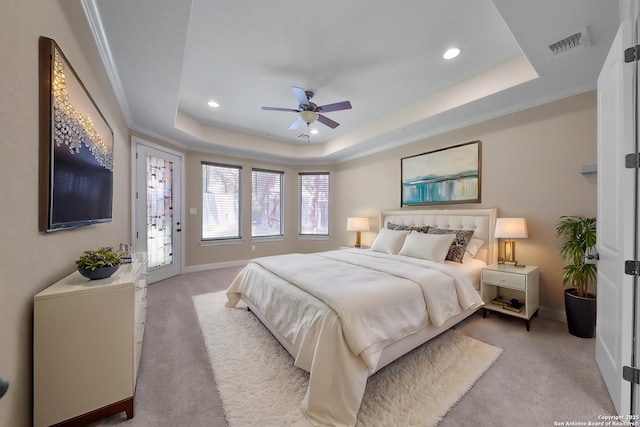 523 White Cyn, San Antonio, TX 78260 - bedroom featuring carpet flooring, a tray ceiling, recessed lighting, access to outside, and baseboards