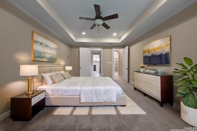 523 White Cyn, San Antonio, TX 78260 - bedroom featuring a tray ceiling, recessed lighting, carpet, baseboards, and a ceiling fan