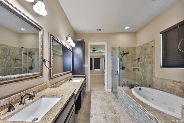 523 White Cyn, San Antonio, TX 78260 - bathroom featuring a stall shower, a tub with jets, a ceiling fan, and double vanity