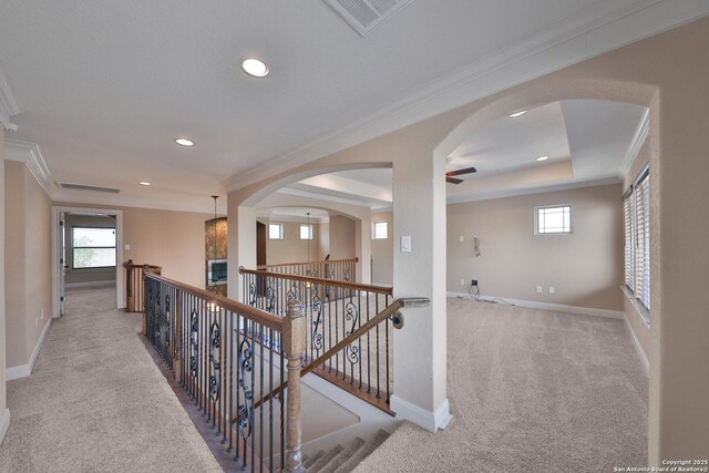 523 White Cyn, San Antonio, TX 78260 - corridor featuring carpet floors, ornamental molding, an upstairs landing, baseboards, and recessed lighting
